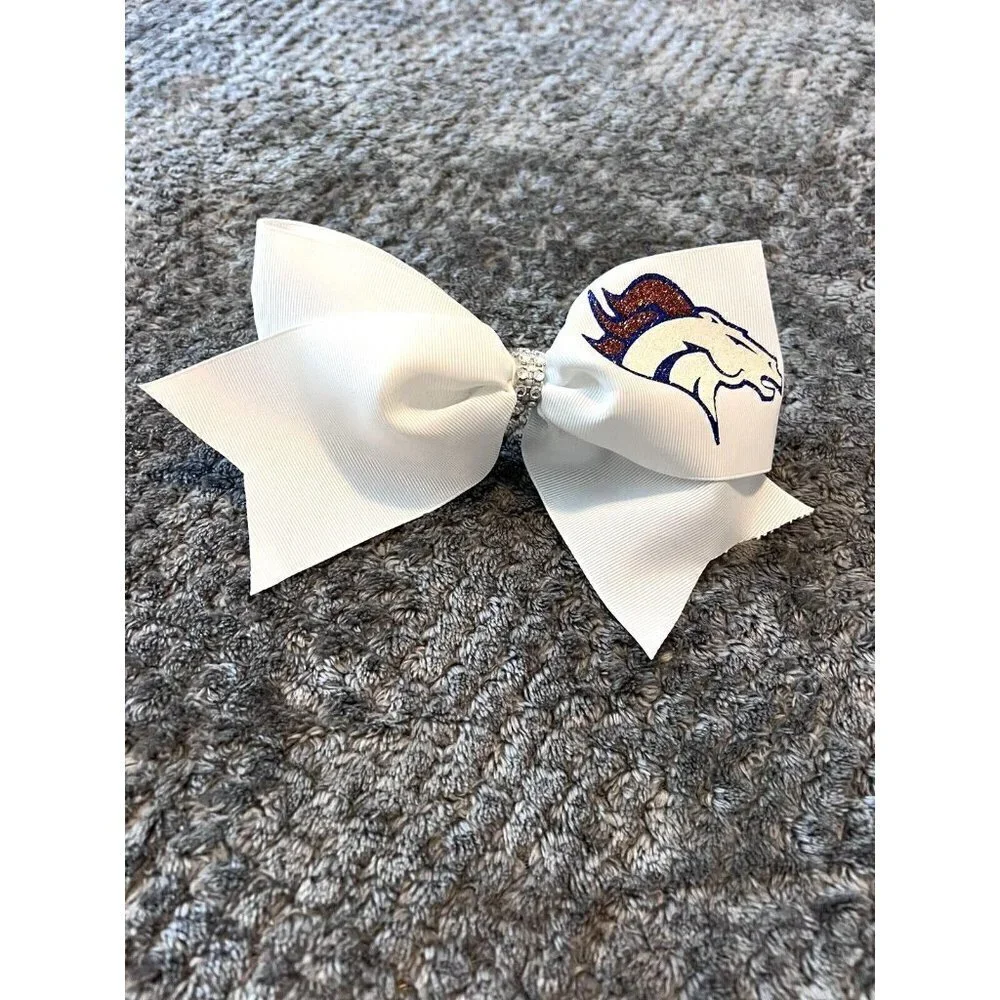 DENVER BRONCOS White Logo Crystals Hair Bow Football